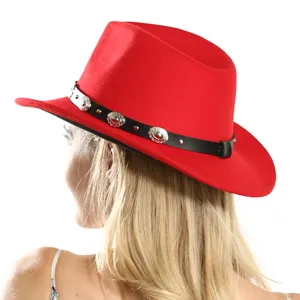 Red wool felt fedora hat with black studded band stylish western jazz cap for women.