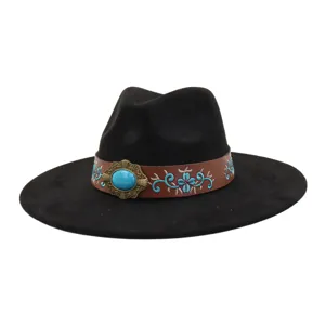 Sombrero Fedora de Ala Ancha Unisex Estilo Étnico Sombrero de Jazz de Ante Sombrero Retro de Invierno Cálido