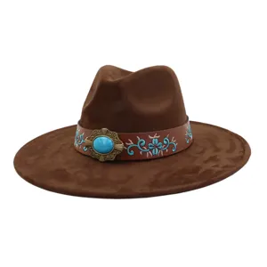 Sombrero fedora de ante marrón vintage con hebilla turquesa, sombrero jazz ala ancha.