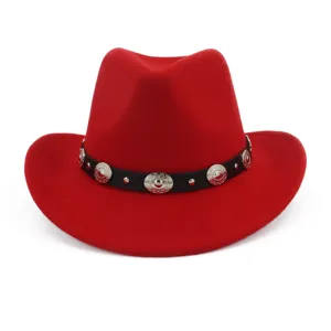 Red felt western cowboy hat fedora ethnic style jazz cap red and black color block