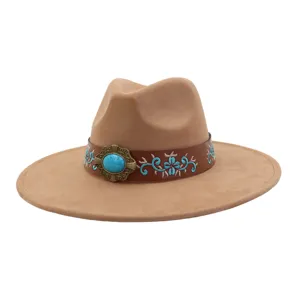 Sombrero fedora camello estilo étnico, tira cuero marrón, bordado turquesa y hebilla metal