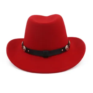 Red wool felt fedora hat featuring black leather band, classic western cowboy style.