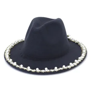 Detail view of dark grey woolen fedora hat, elegant pearl and crystal brim trim for women.