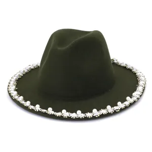 Dark green wool fedora hat with elegant pearl and rhinestone brim trim for autumn and winter.