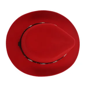 Red felt fedora hat stylish jazz cap with black leather band retro western cowboy hat.