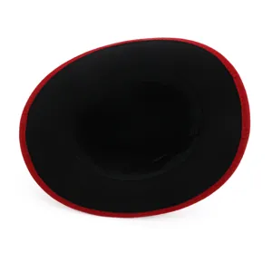 Red and black wool felt jazz hat fedora cap, inner detail view showing classic fashion design.
