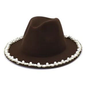 Close up view of the elegant brown fedora hat featuring exquisite pearl and crystal brim trim.