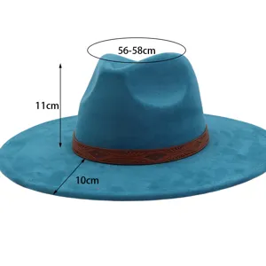 Autumn winter blue suede fedora hat with brown leather band, stylish wide brim jazz hat.