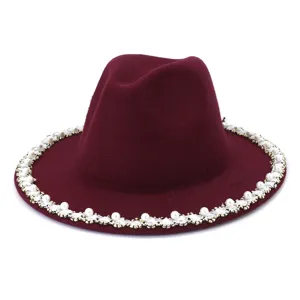 Burgundy fedora hat for women featuring elegant faux pearl and crystal rhinestone brim decoration.