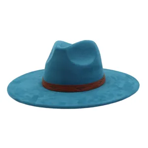 Blue suede fedora hat wide brim jazz cap with ethnic brown leather band for autumn winter.