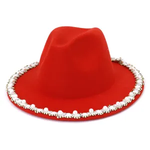 Women wool felt jazz hat with elegant pearl trim solid red fedora hat for autumn winter