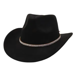 Black suede western cowboy hat with rhinestone pearl band, wide brim outdoor sun hat.
