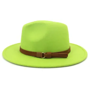 Bright green wool felt fedora hat with brown leather belt and metal ring detail. Stylish.