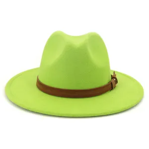 Neon green fedora hat detail, showing the brown belt accent and fine felt texture.