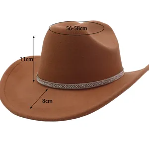 Woolen cowboy hat detail with 56-58cm head size, 11cm crown height, and 8cm brim width.