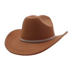 Brown felt cowboy hat featuring a sparkling rhinestone band, stylish western jazz hat design.