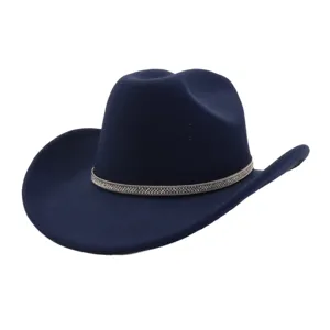 Classic navy blue retro felt cowboy hat featuring an elegant sparkling rhinestone band detail.