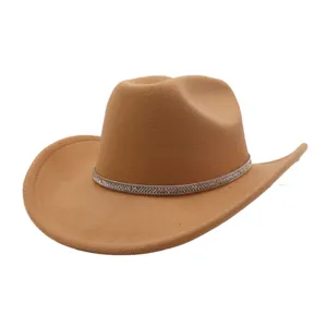 Detailed view of camel western cowboy hat featuring sparkling rhinestone band and premium felt fabric.