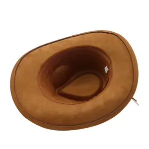 Brown suede western cowboy hat detail shot, wide brim design, casual sun protection style.