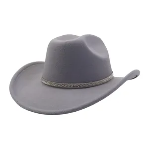 Grey felt cowboy hat with rhinestone chain band, premium fashion accessory for daily wear.