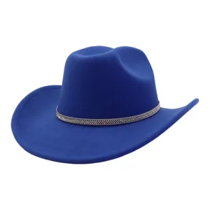 Blue felt cowboy hat with sparkling rhinestone band, vintage jazz cap for men and women.