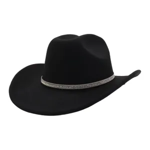 Black felt cowboy hat with rhinestone chain band retro jazz hat for men and women style