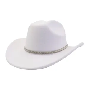 Detailed view of white felt cowboy hat with sparkling rhinestone band, stylish western accessory.
