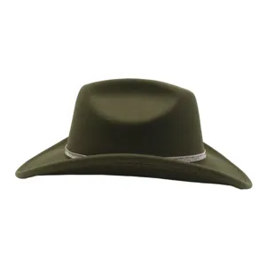 Army green woolen fedora hat with sparkly rhinestone band, stylish retro jazz cowboy hat.