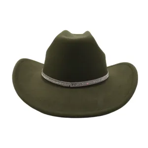 Close-up detail of the army green wool fedora hat with sparkling rhinestone band, retro style.