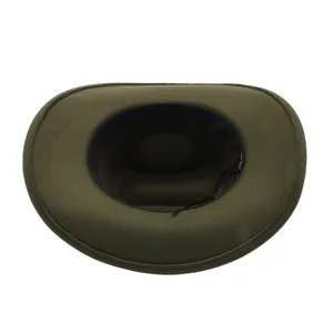 Vintage wide brim wool fedora jazz hat detail view, classic unisex cowboy hat, olive green.