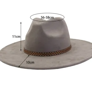 Grey faux suede fedora hat with wide brim and ethnic band, size 56-58cm for daily wear.