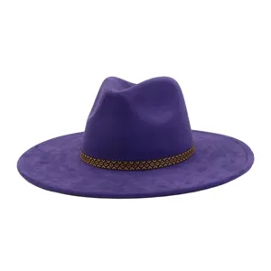 Purple faux suede fedora hat detail, wide brim and geometric patterned ribbon band.