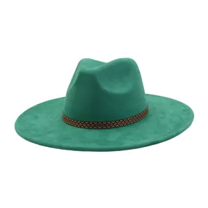 Green suede wide brim fedora hat men women classic vintage jazz hat fashion cap