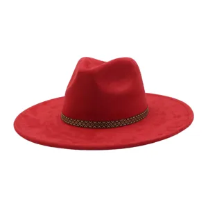 Classic red suede fedora hat for men and women, wide brim jazz hat with tribal band.