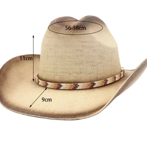 Detail shot of western cowboy straw hat featuring ethnic beaded band and dimension specs.