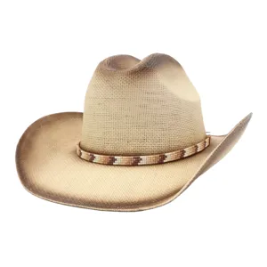 Western cowboy straw hat with beaded band, wide brim sun hat for outdoor travel and daily wear.