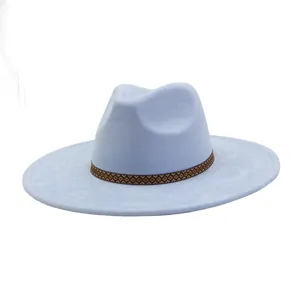 Light blue suede fedora hat with wide flat brim and retro geometric band for stylish adults.