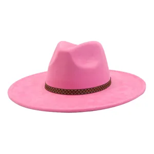 Pink suede fedora hat with geometric patterned band wide brim stylish fashion headwear details