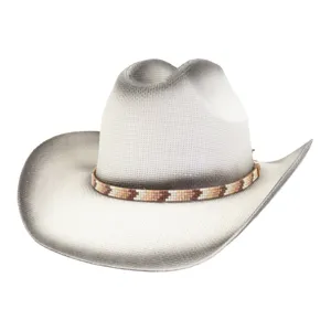 Western cowboy straw hat with ethnic beaded band, gradient color wide brim fedora for outdoor sun.