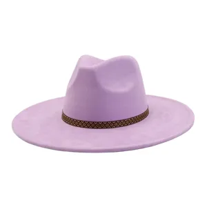 Stylish light purple suede fedora hat with geometric band, wide brim fashion sun hat for adults.