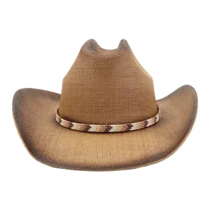 Brown western cowboy straw hat with ethnic beaded band, wide brim sun hat for outdoor wear.