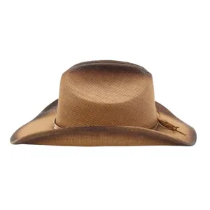 Detailed view of the gradient brown straw cowboy hat with tassel for outdoor sun protection.