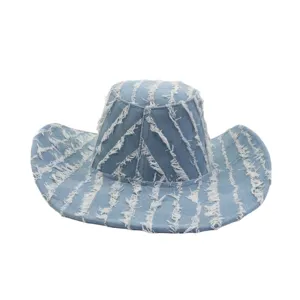 Distressed denim cowboy hat with frayed vertical stripes, vintage big brim sun hat for summer.