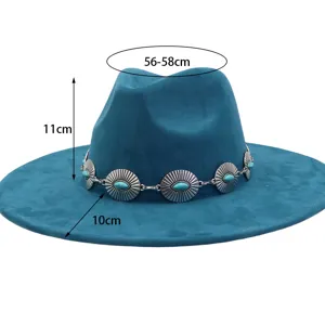 Blue suede fedora hat with turquoise metal hat band, 56-58cm head size, stylish casual wear.