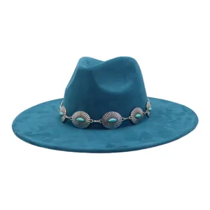 Teal faux suede fedora hat with turquoise concho band detailed close up view for women fashion.