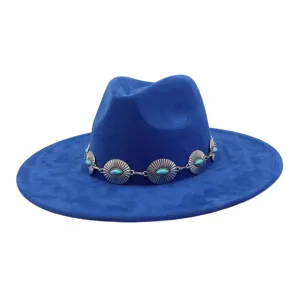 Blue soft faux suede jazz hat featuring a turquoise silver chain band, wide flat brim style.