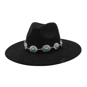 Black fedora hat with vintage silver turquoise metal chain band, stylish wide brim boho hat.