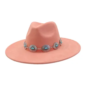 Retro wide brim suede fedora hat with turquoise concho band for women stylish boho jazz hat