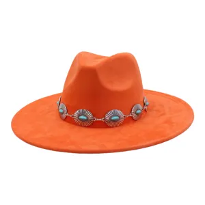 Orange suede fedora hat with turquoise silver metal concho band detail ethnic wide brim cap