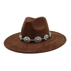 Brown suede fedora hat featuring vintage turquoise metal band and wide brim western style